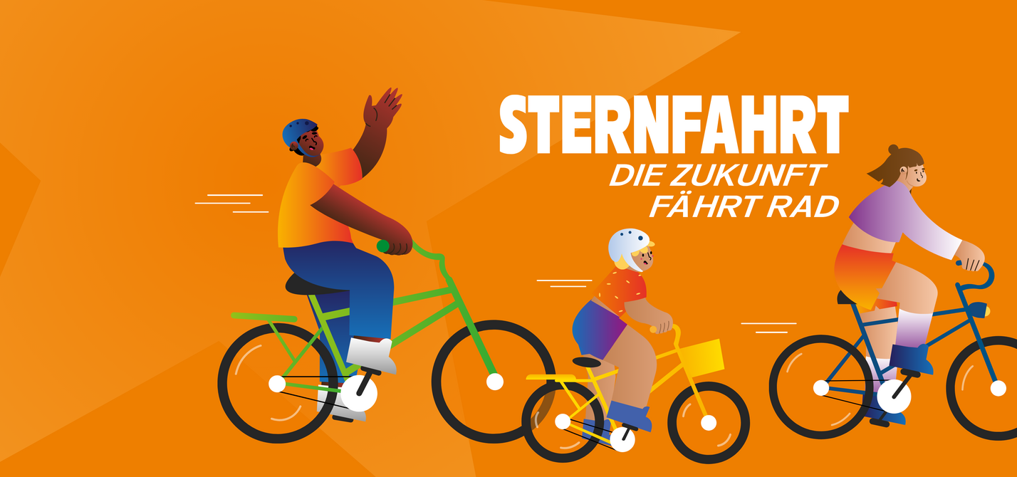 Unteschiedliche Menschen fahren auf Fahrrädern. Darüber steht Sternfahrt: Die Zukunft fährt Rad.