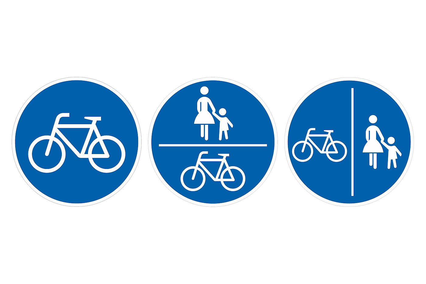 Verehrsschilder Von links: Zeichen 237 – Radweg | Zeichen 240 – Gemeinsamer Geh- und Radweg | Zeichen 241 – Getrennter Rad- und Gehweg