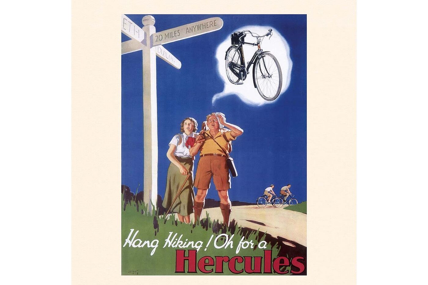 ALT-Text: Illustration eines wandernden Paares, das zu einem Wegweiser schaut; über ihnen erscheint ein Fahrrad als Gedanke, im Hintergrund fahren zwei Menschen mit Fahrrädern